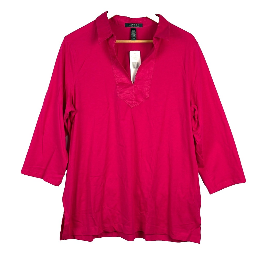 NWT Lauren Ralph Lauren Women Long Sleeve Tunic Top XL Pink Breathable Beach